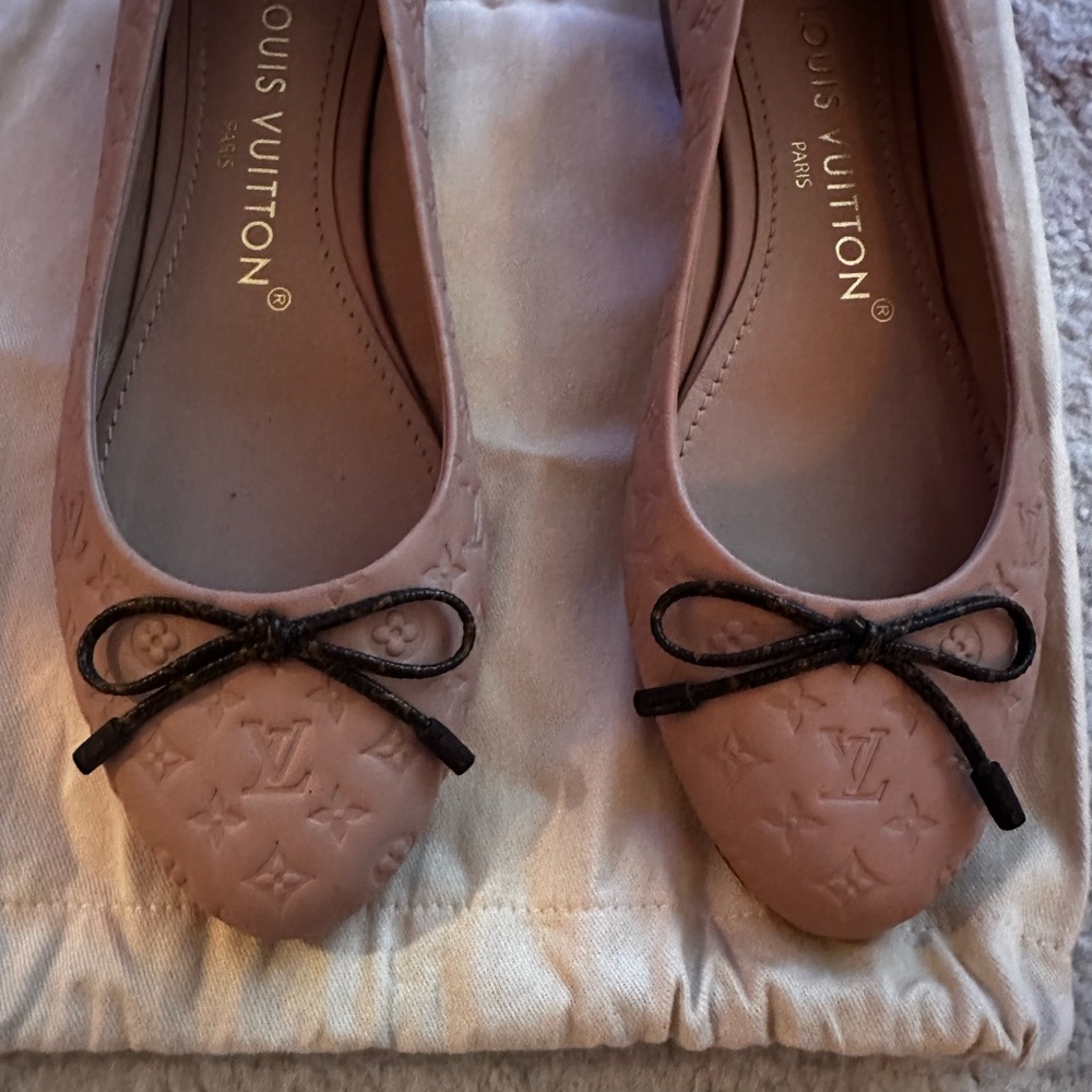 Louis Vuitton Pink Monogram Embossed Ballet Flats with Black Bow